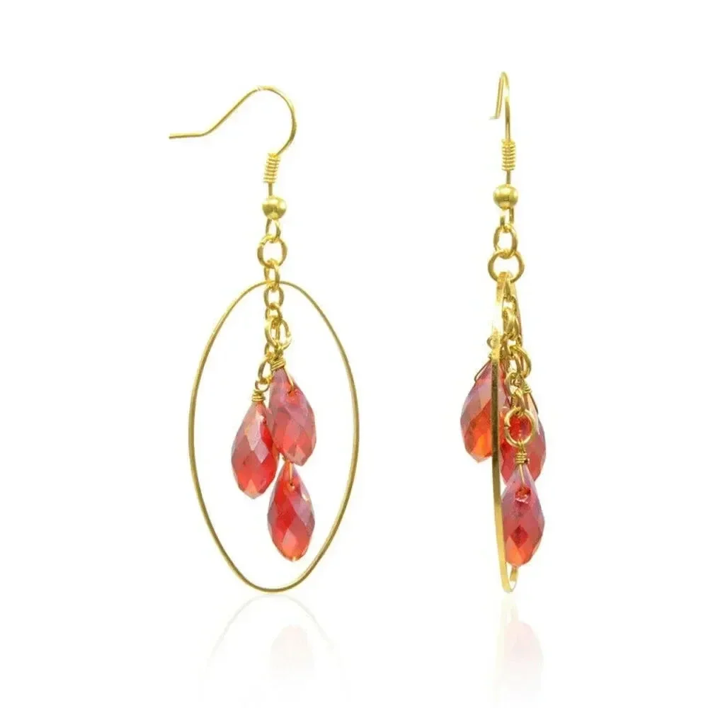 Handmade Red Crystal Briolette Wire Wrap Gold 14K Plated Dangle Earrings